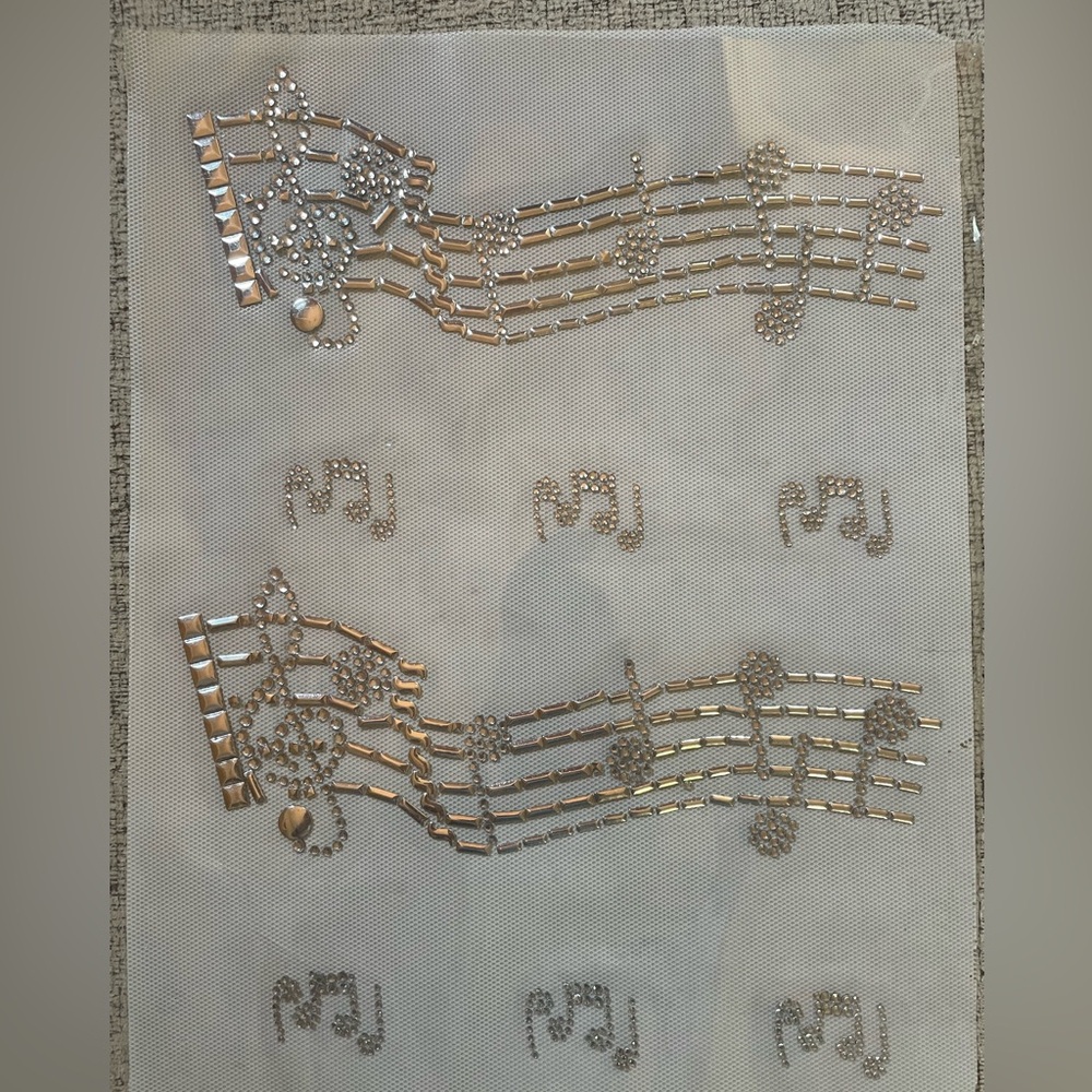 Silver and gold studs and rhinestone Music Notes iron-on for fabric